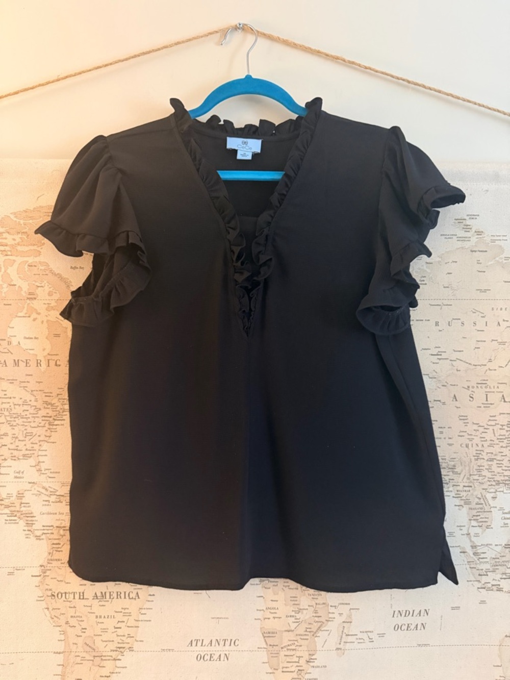 CeCe Black Ruffle V-Neck Blouse  Size M